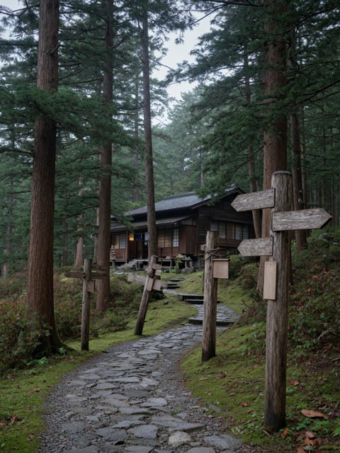 Stone forest path leading guests to the inn