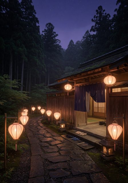 Lantern-lit entrance walkway at night