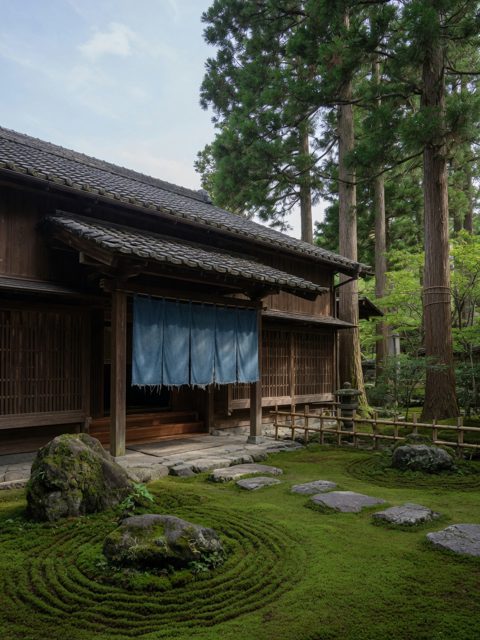 Traditional wooden ryokan facade in the forest