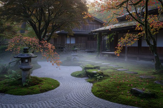 Moss garden with stone lanterns at the inn