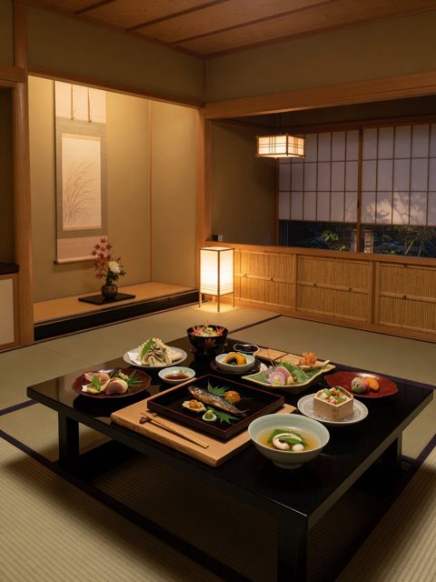 Seasonal kaiseki dinner in the ryokan dining room