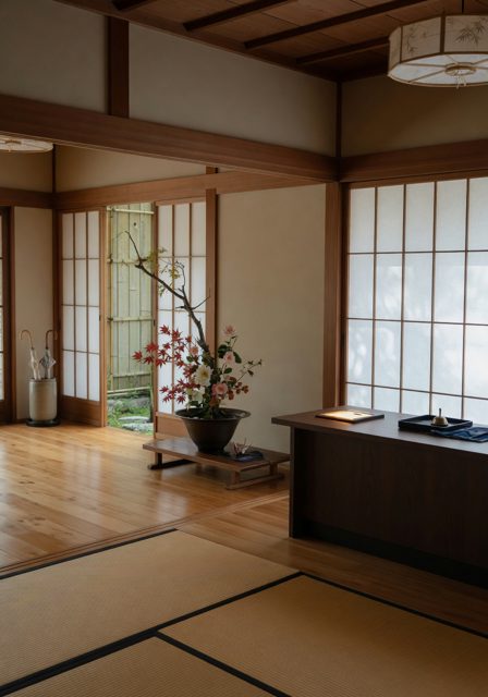 Welcoming tatami lobby with ikebana arrangement