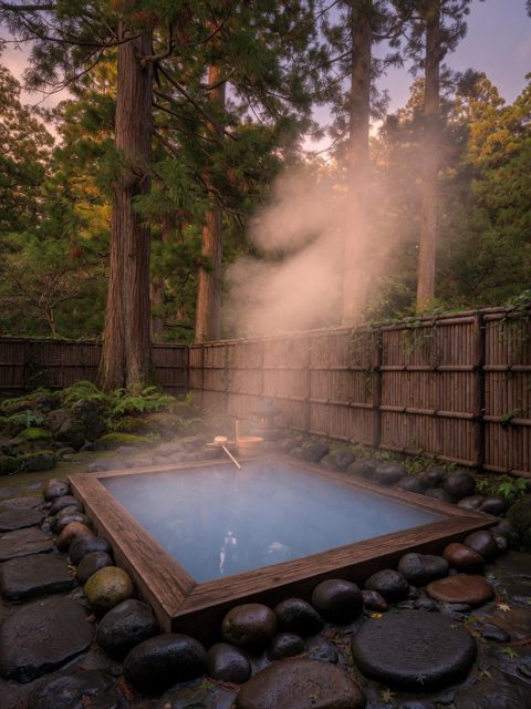 Outdoor rotenburo hot spring surrounded by cedar forest