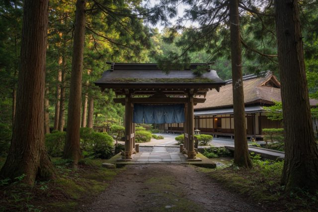 Forest path approaching the ryokan gate