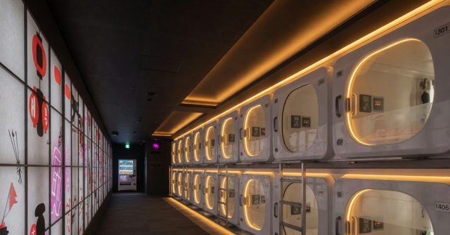 Capsule hotel facade in Kabukicho