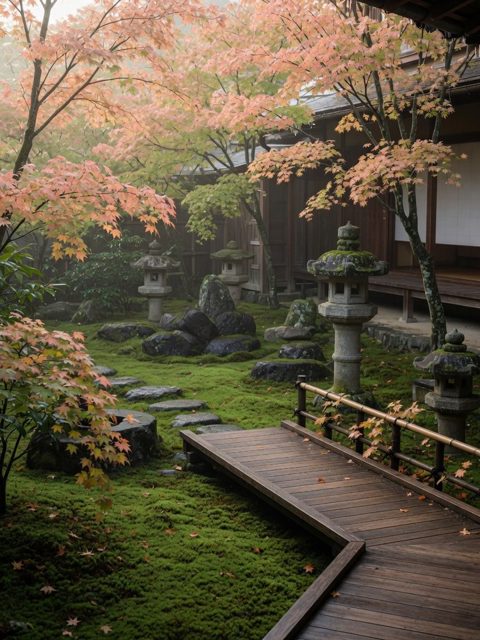 Moss garden with stone lanterns