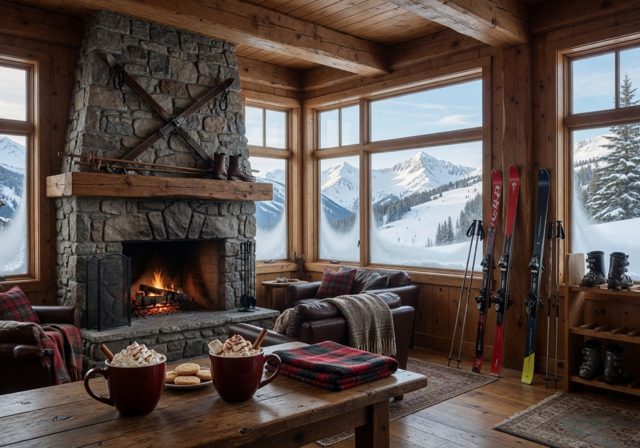 Fireplace lounge with mountain views