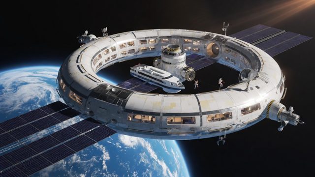 Rotating orbital hotel ring against the starfield
